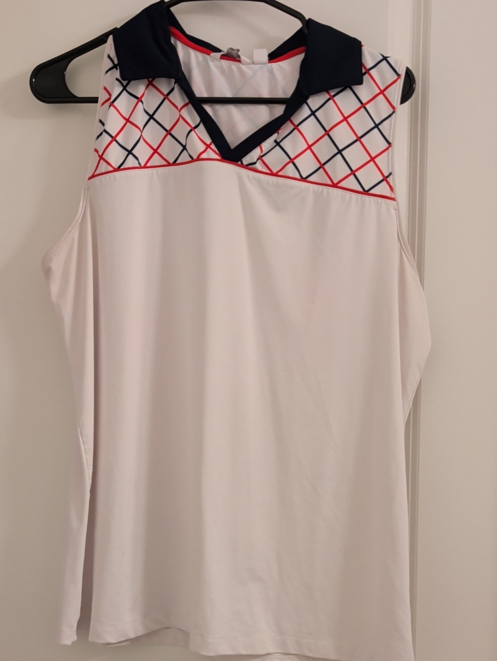 Lady Hagen White Tank with Navy Collar and Red/Navy Windowpane Yoke
